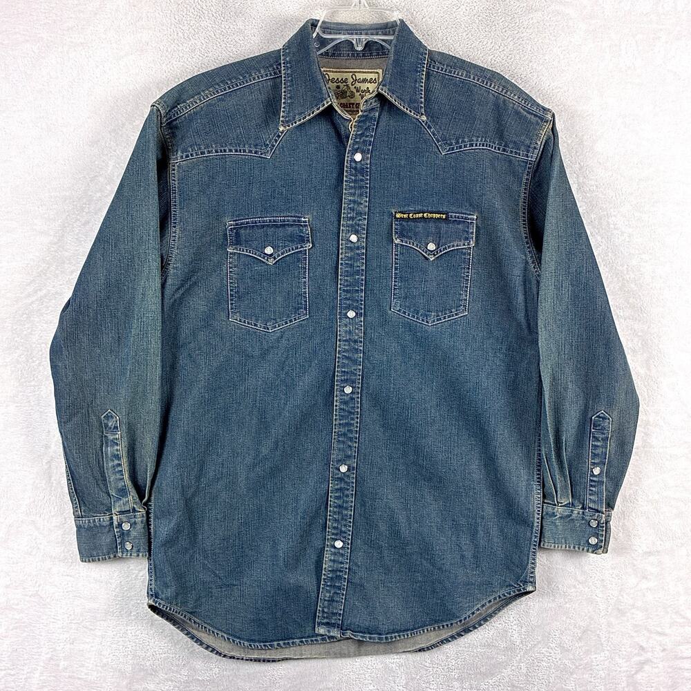 West Coast Choppers Jesse James Denim Shirt Mens M Blue Pearl Snap Workwear Y2K